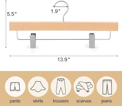 TOPIA HANGER Lotus Wood Pants Hangers, Unfinished Wooden Skirt Short Jeans Trouser Hanger with 360° Swivel Hook Anti Rust 2 Adjustable Clips, 20 Pack, CT10PN20