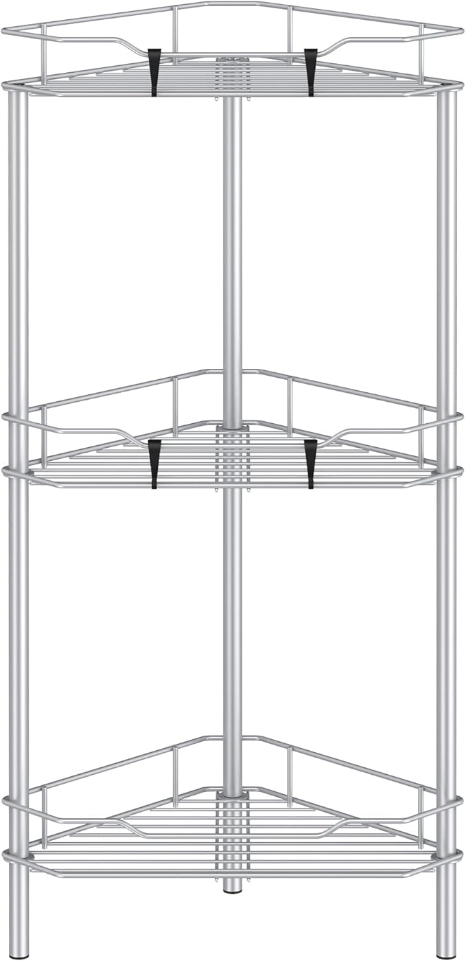 HuggieGems 3 Tier Floor Standing Corner Shower Caddy Organizer Shelf with Hooks, Bathroom Shelves Stand Rack, Silver