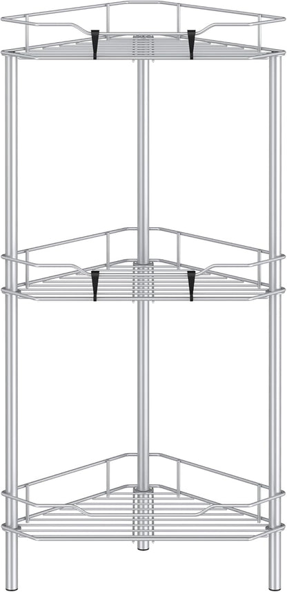 HuggieGems 3 Tier Floor Standing Corner Shower Caddy Organizer Shelf with Hooks, Bathroom Shelves Stand Rack, Silver