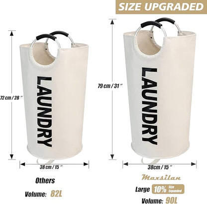 Maxsilan 90L Large Laundry Basket, Freestanding Tall Clothes Hamper, Collapsible Laundry Bag, Beige