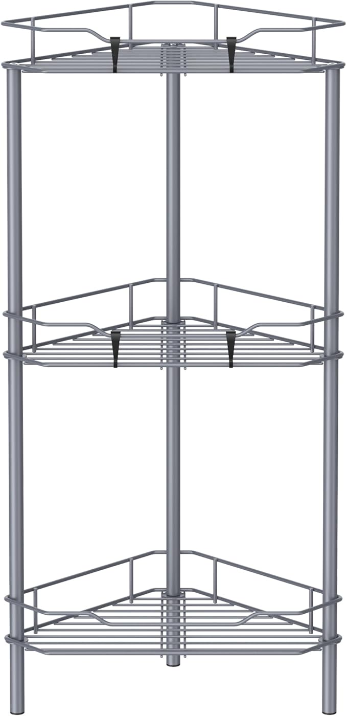 HuggieGems 3 Tier Floor Standing Corner Shower Caddy Organizer Shelf with Hooks, Bathroom Shelves Stand Rack, Dark Gray