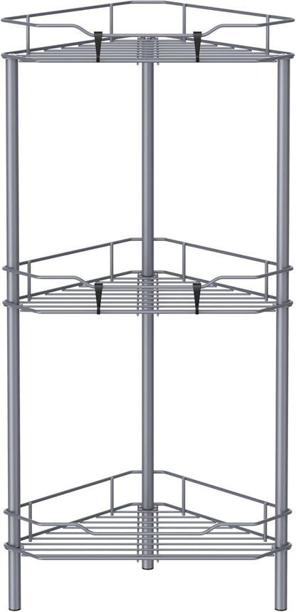 HuggieGems 3 Tier Floor Standing Corner Shower Caddy Organizer Shelf with Hooks, Bathroom Shelves Stand Rack, Dark Gray