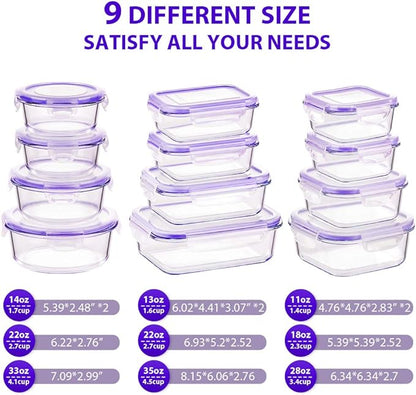 Bayco Glass Food Storage Containers with Lids, [24 Piece] Meal Prep Containers, Airtight Bento Boxes, Leak Proof (12 lids & 12 Containers) - Purple
