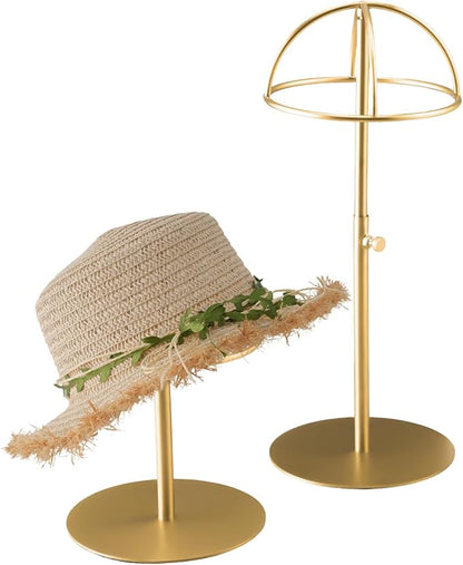 Hat Display Stand 2PCS Stainless Steel Brushed Nickel Titanium Hat Stand Metal Golden Adjustable Height Cap Rack Showcase Fingerprint Resistant for Home Boutique Retail Store