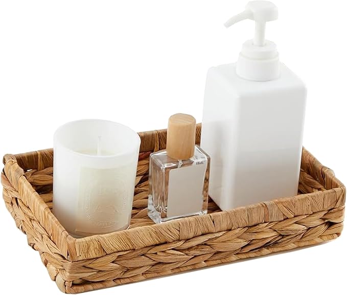 Rectangle Bathroom Tray, 10" Bathroom Over Toilet Tank Tray Water Hyacinth Wicker Basket for Bathroom Counter Long Narrow Badtub Hand Towel Storage Basket for Home Decor, Rattan Yellow