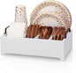LemonRoad Wood Paper Plate Dispenser Rustic Silverware Utensil Caddy Cutlery Flatware Organizer with Handles 6 Compartments for Countertop Party Picnic Camping Buffet Kitchen Accessories(White)