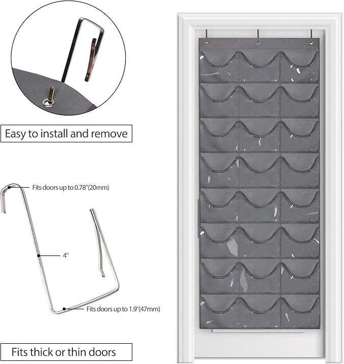 Dofilachy Hat Rack - Hat Organizer - Hat Racks for Baseball Caps, Visible Hat Holder - Baseball Cap Rack for Wall Door with 3 Hooks, 24 Deep Pockets (Dark grey, 1 pack)
