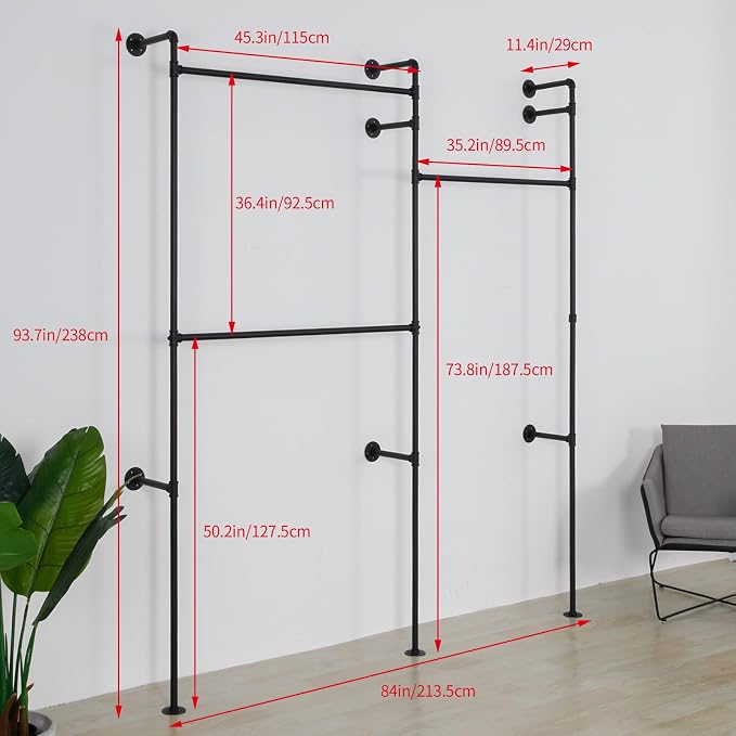 Wall Mounted Industrial Pipe Clothing Rack Garment Racks Pipeline Vintage Rolling Rack On Wall, Heavy Duty Rustic Gold Metal Garment Frame for Bedroom, Living room (Black)