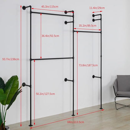 Wall Mounted Industrial Pipe Clothing Rack Garment Racks Pipeline Vintage Rolling Rack On Wall, Heavy Duty Rustic Gold Metal Garment Frame for Bedroom, Living room (Black)