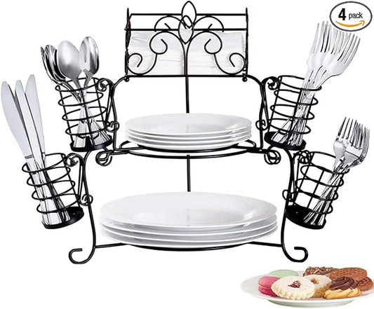 Collections Etc Metal Buffet Organizer with Scroll Design, 7-Piece Set for Plates, Napkins and Cutlery