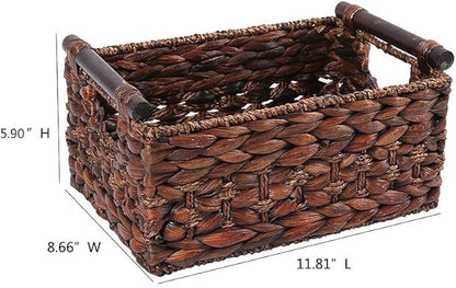 Storage Basket made by Water Hyacinth with Wood Handles, Arts and Crafts. (RectangleA-Medium)