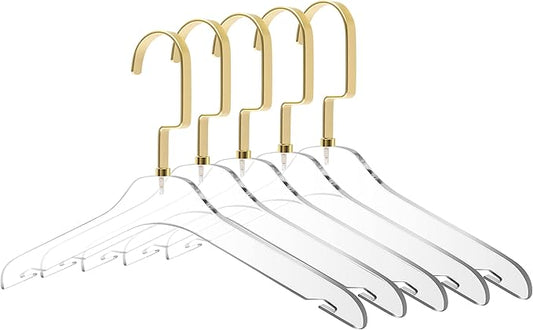 Quality Hangers Kids Size Acrylic Hangers – Crystal Clear Hangers for Kids Clothes - Perfect For 7-10 Years Old - Available With Wide Matte Gold Metallic Hook - Acrylic Children Shirt Suit Coat Hanger