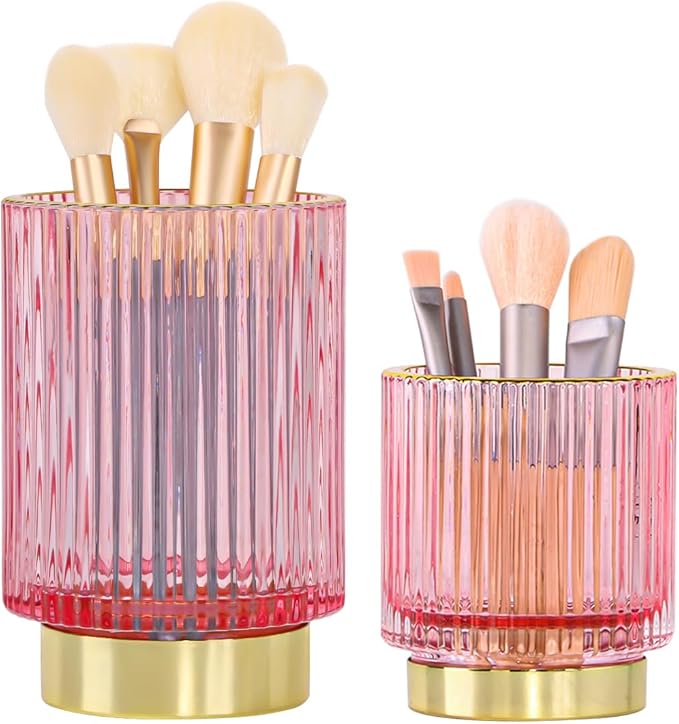 Glass Makeup Brush Holder Organizer, Gold Toothbrush Holders for Bathroom, Pink Makeup Brush Holder Cup for Vanity, Desktop Crystal Eyeliners Eyebrow Pencil Storage Cup Holder