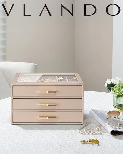 VLANDO Jewelry Box for Women, 3-Layer Jewelry Organizer with Drawers, Glass Lid Display Jewelry Storage, Soft PU Leather Exterior, Contrast Gold Metal Handles, Refined Style – Milky coffee color