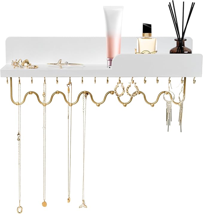 29 Hooks Wall Mount Necklace Holder Organizer, White Decorative Wood Jewelry Shelf with Gold Metal Wave Bar and Guardrail for Necklace, Pendant, Chain, Bracelet, White