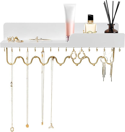 29 Hooks Wall Mount Necklace Holder Organizer, White Decorative Wood Jewelry Shelf with Gold Metal Wave Bar and Guardrail for Necklace, Pendant, Chain, Bracelet, White