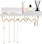 29 Hooks Wall Mount Necklace Holder Organizer, White Decorative Wood Jewelry Shelf with Gold Metal Wave Bar and Guardrail for Necklace, Pendant, Chain, Bracelet, White