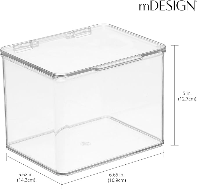 mDesign Plastic Bathroom Storage Organizer Box w/Hinge Lid for Closet, Shelf, Cupboard, Vanity, Hold Medicine, Lotion, Cotton Swabs, Masks, Styling Tools, Lumiere Collection, 8 Pack, Clear