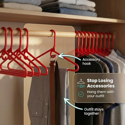 DEILSY™ Red Heavy Duty Hangers with Hooks for Scarves & Belts – Thick and Strong Clothes Hangers for Shirts, Jackets, Pants, and Dresses – Space-Saving Plastic Hangers – Pack of 50