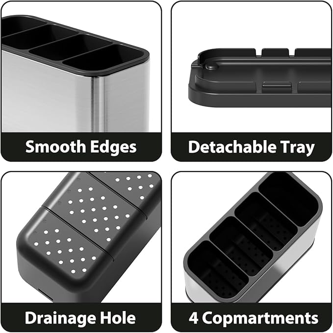 Utensil Holder, Silverware Organizer Caddy for Countertop Kitchen with 4 Compartments, Flatware Spoon Fork Tool Cutlery Holder Utensil Crock with Drain Tray for Counter Party Office, Silvery