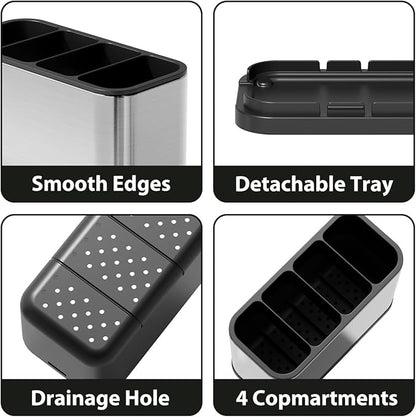 Utensil Holder, Silverware Organizer Caddy for Countertop Kitchen with 4 Compartments, Flatware Spoon Fork Tool Cutlery Holder Utensil Crock with Drain Tray for Counter Party Office, Silvery