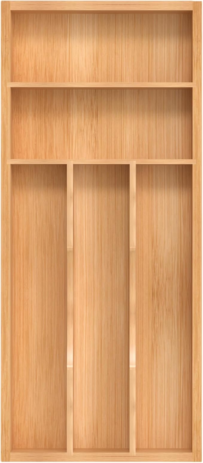 Silverware Organizer, Bamboo Kitchen Drawer Organizer, Utensil Holder, Cutlery Tray & Spoon Flatware Storage with Grooved Drawer Dividers (6.7''W x 15.5''D)
