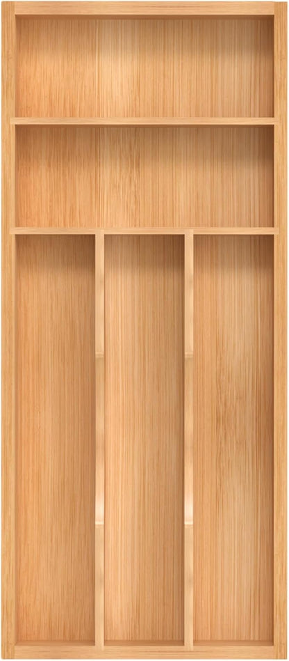 Silverware Organizer, Bamboo Kitchen Drawer Organizer, Utensil Holder, Cutlery Tray & Spoon Flatware Storage with Grooved Drawer Dividers (6.7''W x 15.5''D)