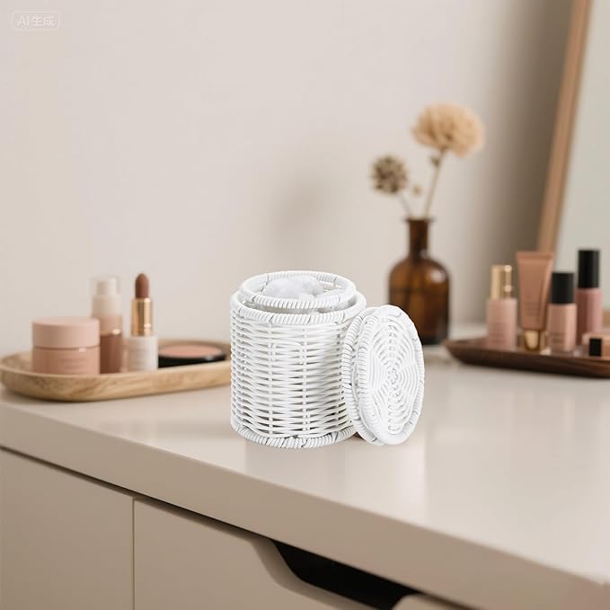 Rattan Jars,Decorative Storage Boxes with Lids, Bathroom Accessories,Rattan Desk Organizer,for Office,Dressing Table,Dental floss picks, cotton swab holders Home Decoration,White（DP056）