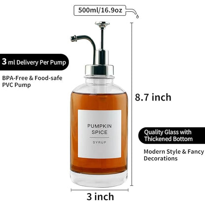 Glass Coffee Syrup Dispenser Bottles with 84 Labels (Set of 2), Coffee Pump Dispenser for Coffee Bar Accessories, 16.9 oz, Silver