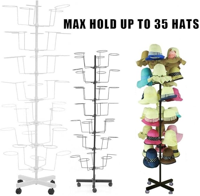 7 Tiers Rotating Hat Rack, Hats Stand Display, Adjustable Iron Hat Cap Stand, Freestanding Cap Hat Retail Display Stand,Hat Rotating Display, 35 Hats Caps Holders for Hats and Wigs (White)