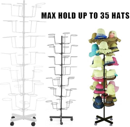 7 Tiers Rotating Hat Rack, Hats Stand Display, Adjustable Iron Hat Cap Stand, Freestanding Cap Hat Retail Display Stand,Hat Rotating Display, 35 Hats Caps Holders for Hats and Wigs (White)