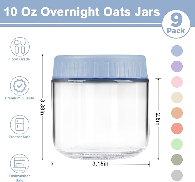 Overnight Oats Containers with Lids, 10oz Wide Mouth Mason Jars with Lids, 9 Pack Glass Jars with Airtight lid for Chia Pudding Yogurt Salad, Meal Prer Oatmeal Jars, Blue