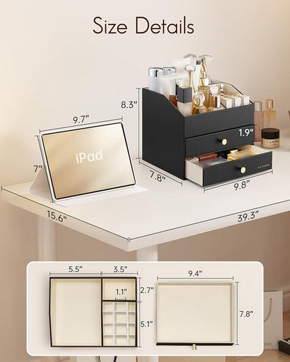 VLANDO Makeup Organizer for Vanity,Large Capacity Countertop Organizer with Drawers, PU Leather Cosmetic Display Case for Lipstick,Brushes,Skincare,Bedroom Storage (Black)