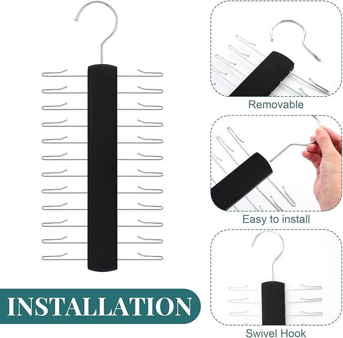 Sawysine 2 Pack Wooden Tie Rack Tie Hangers for Men 24 Hooks Tie and Belt Hangers 360 Degree Swivel Tie Organizer Closet Ties Belts Scarf Accessories (Black)