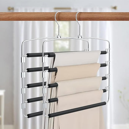 5-Tier Pants Hanger 2 Pack, Closet Organizer Space Saving Hanging Storage for Jeans, Trousers, Skirts, Dresses, Scarves (1-Pack)