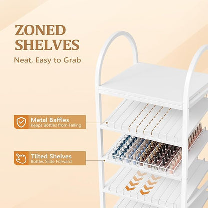 OmySalon Rolling Nail Polish & Powder Display Stand - 8 Tier Mobile Nail Salon Organizer Rack with Wheels, Holds 600 Bottles & 240 Jars for Nail Artists, Salon Display, Retail Store (White)