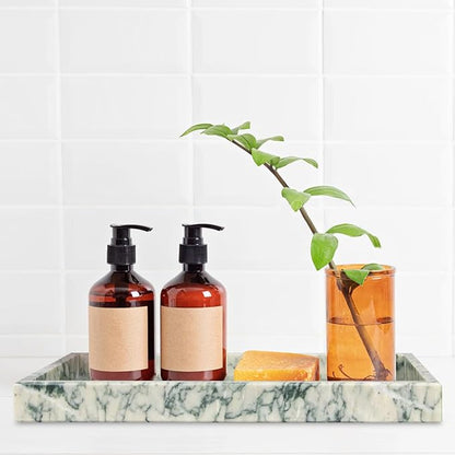 Marble Bathroom Vanity Tray, Natural Luxury Vanity Home Kitchen Bathroom Table Tray, Stone Decorative Countertop Dresser Trays for Key Coffee Perfume Jewelry Makeup (Green Texture, 12"x 8" x1.2")