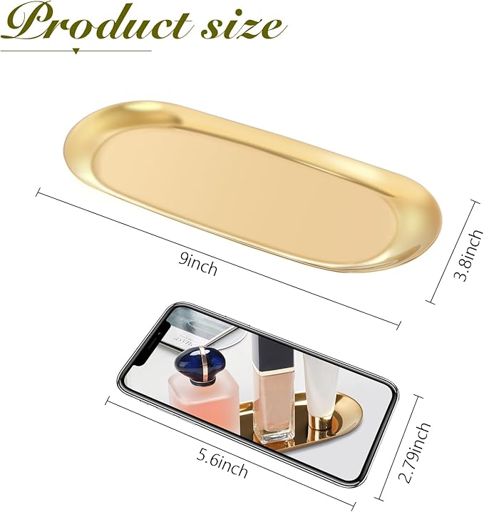 Stainless Steel Towel/ Dish Plate, Tea/ Fruit Storage Trays Cosmetics Jewelry Organizer, Gold, Oval