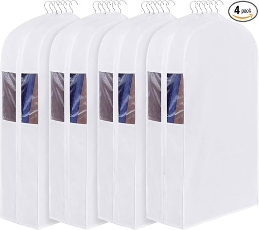 Univivi Premium Cotton Garment Bags for Hanging Clothes and Storage, 40 Inch Washable Suit Cover Bag with Extra Large 10" Gusset & Clear Window - Perfect for Suits, Coats, Jackets - 4 Pack