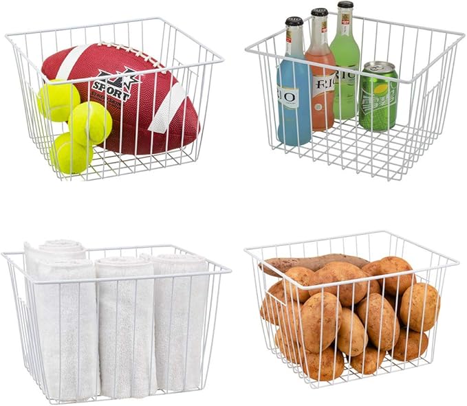 Freezer Organizer Bin, Kitchen Metal Wire Storage Basket, Pantry Cupboard Household Container Divider with Handles, Bathroom, Closet, Bedroom, Office, Rustproof - White（4）