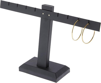Plymor Black Faux Leather T-Bar, Four Pair Earring Display Stand, 10.25" W x 6" H (Pack of 6)