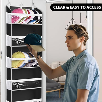 KYEVIS Over the Door Hat Organizer for Baseball Caps, Hold up to 60 Hats Rack Storage for Door/Closet/Wall, Clear Pockets Hanging Hat Holder for Baseball Caps with 10 Mesh Pockets, Black