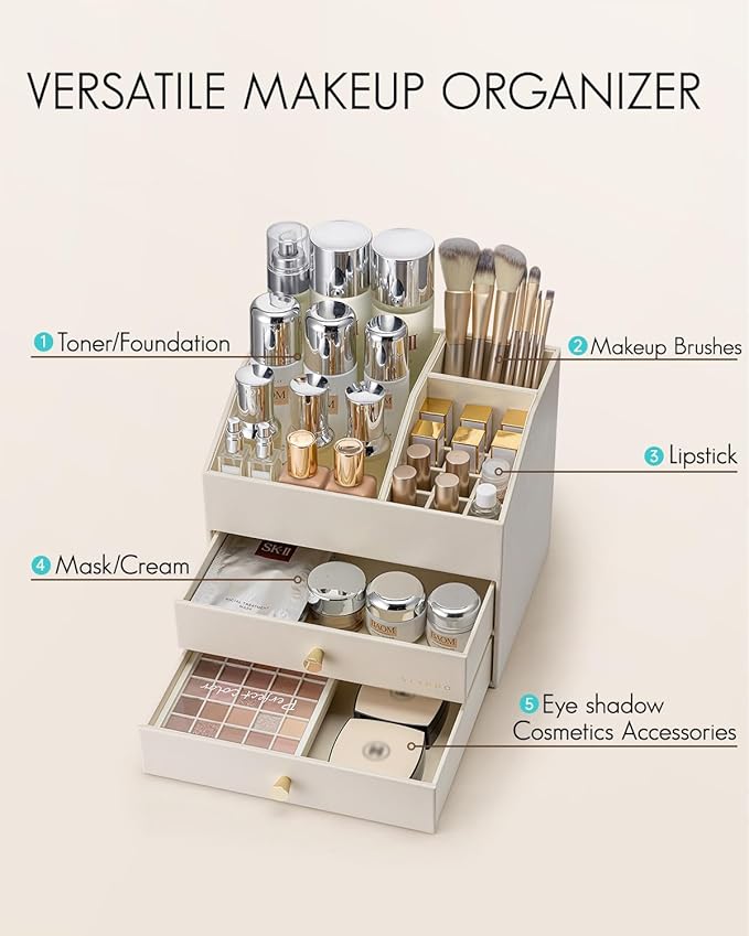 VLANDO Makeup Organizer for Vanity,Large Capacity Bathroom Counter Organizer with Drawers,PU Leather Skin Care Storage for Lipstick,Brushes,Perfumes (Beige)