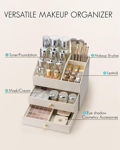 VLANDO Makeup Organizer for Vanity,Large Capacity Bathroom Counter Organizer with Drawers,PU Leather Skin Care Storage for Lipstick,Brushes,Perfumes (Beige)