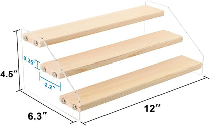Tiered Spice Rack Acrylic Wood Board Spice Rack Organizer for Cabinet, Seasoning Organizer Spice Shelf, Space Saving Clear Stand Step Can Organizer for Kitchen Countertop Storage, 3 Tier