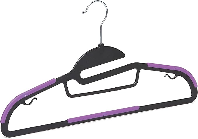 Amazon Basics Space Saving Non-Slip Rubber Coated Plastic Hangers with 360 Degree Swivel Hook, Black/Purple, Pack of 50