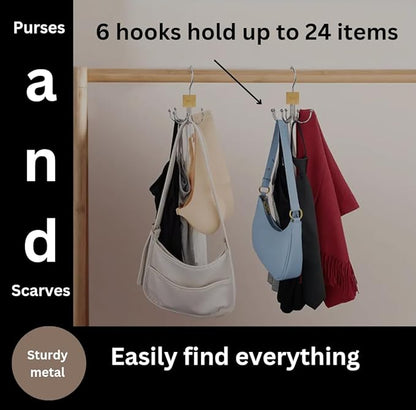 2 Pack, Rotating Belt Hanger Organizer for Closet, 12 Hooks Storage, Space Saving for Accessories, Bra, Tank Top, Tie, Scarf, Purse, Natural Wood and Metal