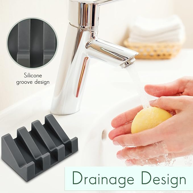 Cunhill 2 Pieces Silicone Soap Dish Self Draining Soap Dish Shower Waterfall Bar Soap Holder Tray with Drain Soap Saver for Kitchen Bathroom Accessories (Dark Grey)
