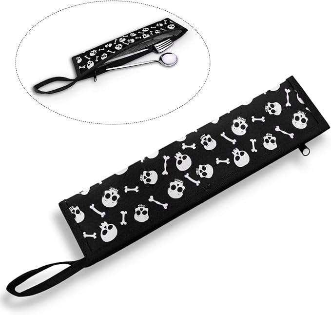 COEQINE Skull Portable Utensils Case Black Halloween Decoration Kitchen Decoration Foldable Cutlery Pouch Chopsticks Pouch With Zipper for Travel