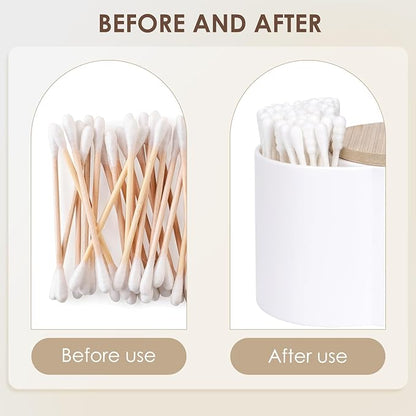 Adorila Compact Cotton Pad & Swab Holder with Bamboo Lid, Dust-Free Space-Saving Bathroom Vanity Organizer for Floss (White)